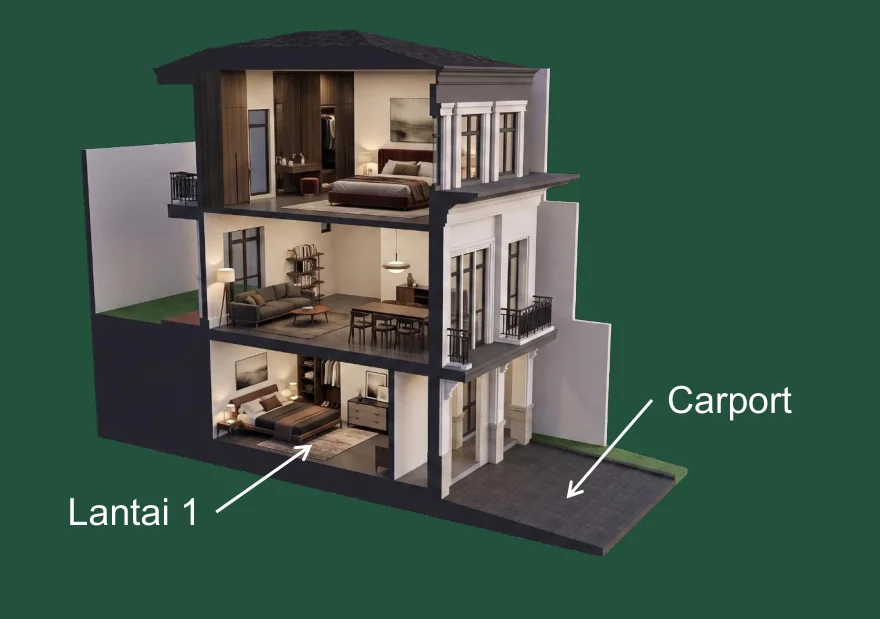 Potongan konsep tipe RED The Sherwood Residence — split-level kontur dengan Lantai 1 di bawah level jalan dan carport di level jalan