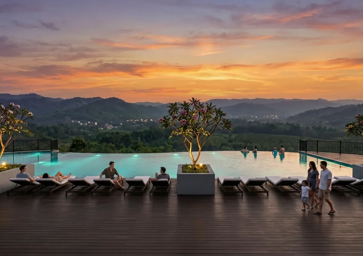 Ilustrasi infinity pool dengan pemandangan perbukitan saat sunset